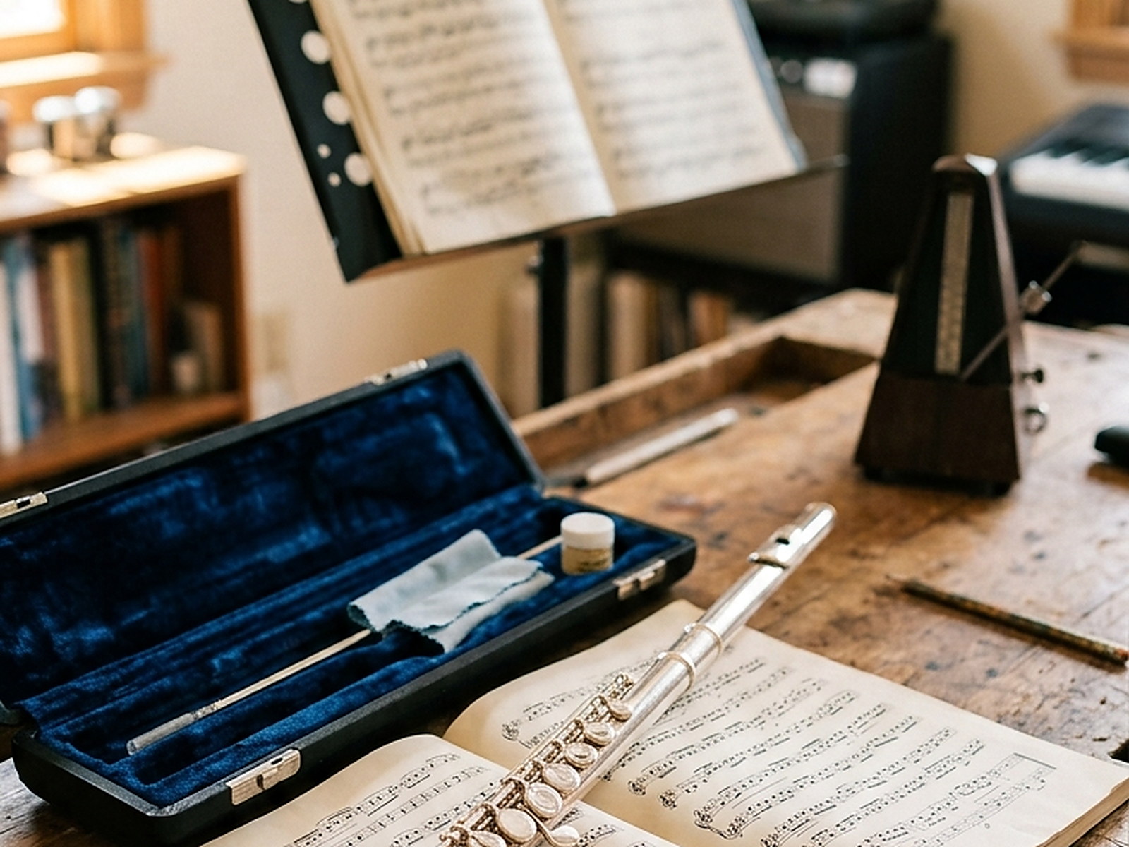 Illustrated — an open case lined in blue velvet on a worn wooden table, a cleaning cloth and rod, a metronome and a flute on a score