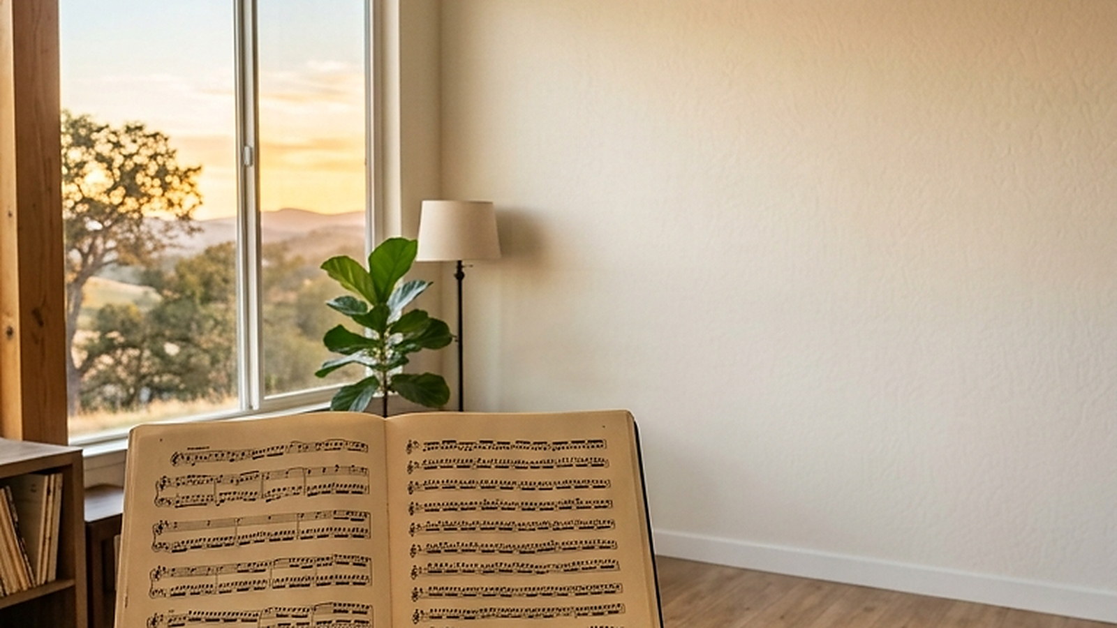 Illustrated — a corner room with a tall window at sunset, a floor lamp and a plant, a score open on a stand