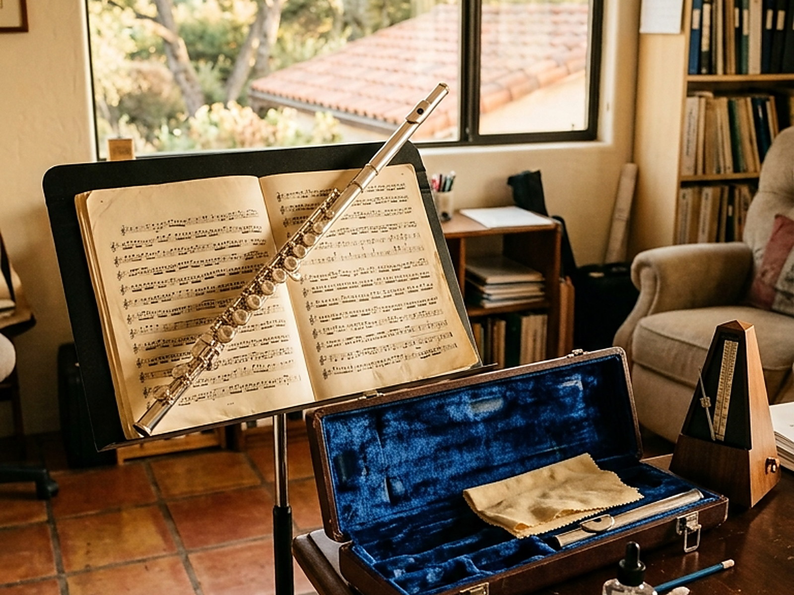 Illustrated — a music stand with an open score and a silver flute across it, an open case and a metronome on a table, a window and bookshelves behind