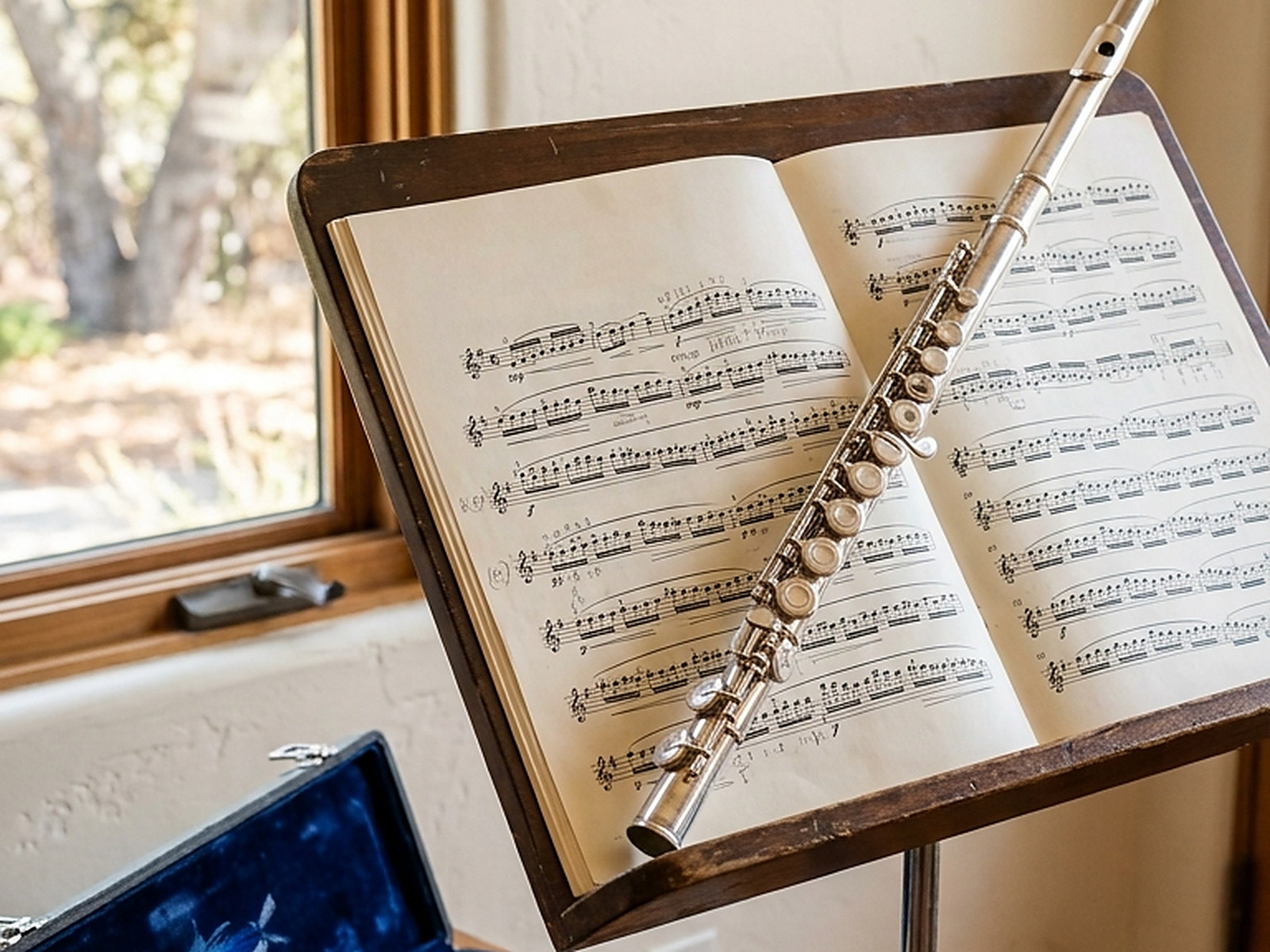 Illustrated — a silver flute on an open score on a dark wooden stand beside a window, the case open below