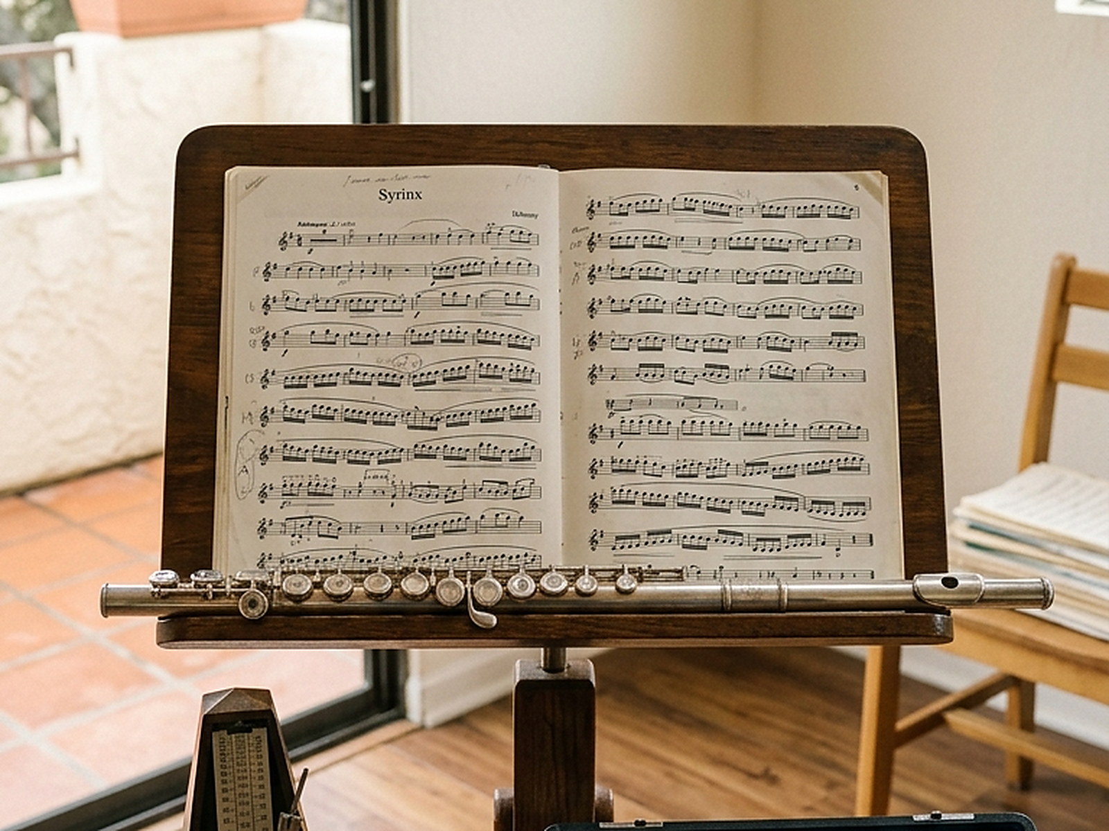 Illustrated — a score open on a dark wooden stand seen straight on, a flute resting along the ledge, a metronome below